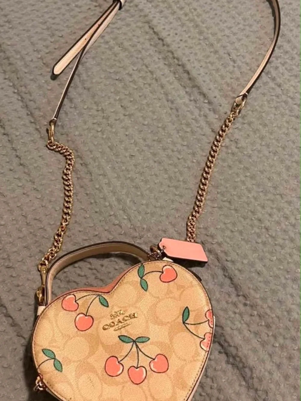 Coach Pink Cherry Heart-Shaped Signature Canvas Top-Handle Bag